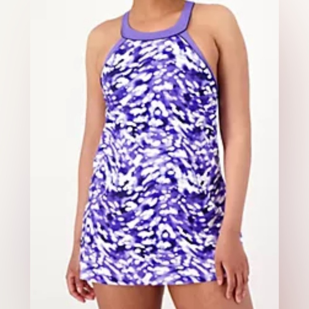 New Lands' End Purple and White Patterned Swim dress